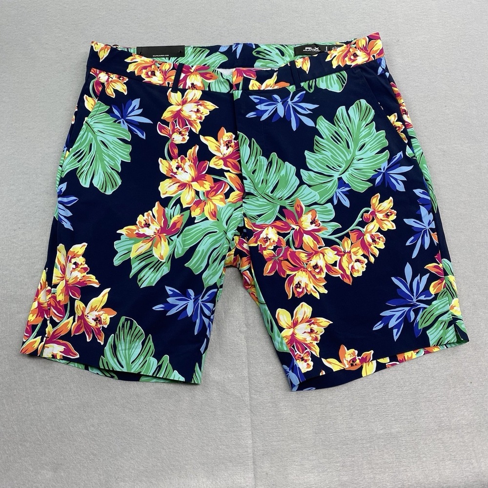 RLX Ralph Lauren Shorts Mens 35 Blue Swim Trunks Tailored Fit Floral Lined Bag